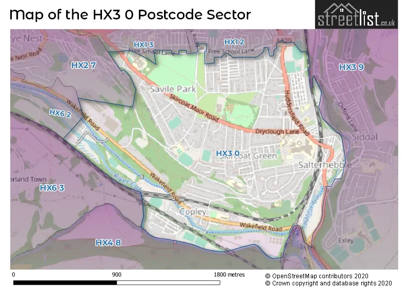 Map of the HX3 0 and surrounding postcode sector