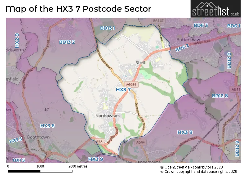 Map of the HX3 7 and surrounding postcode sector