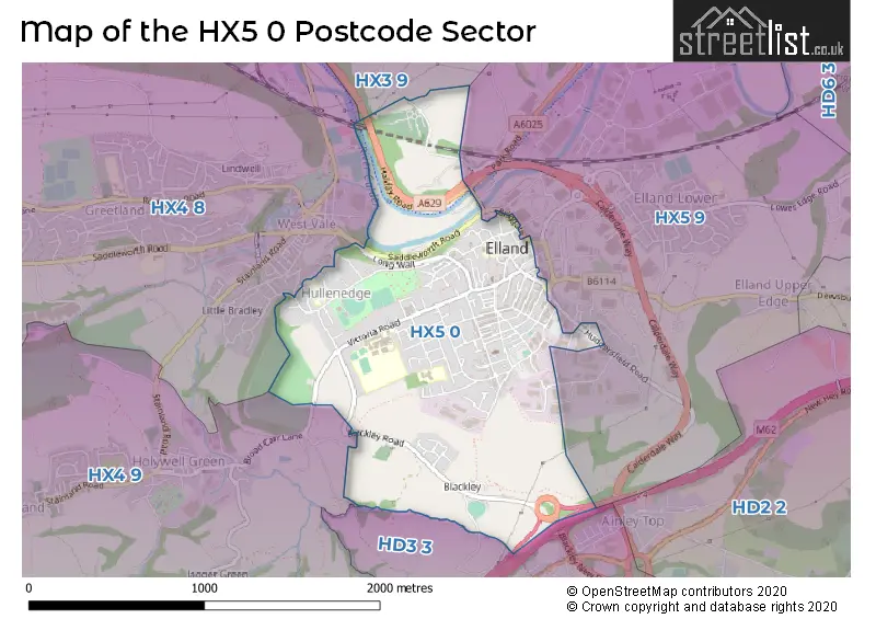Map of the HX5 0 and surrounding postcode sector