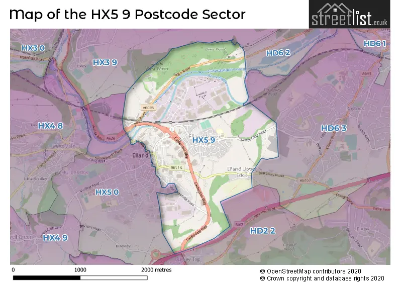 Map of the HX5 9 and surrounding postcode sector