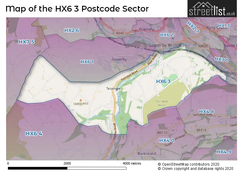Map of the HX6 3 and surrounding postcode sector