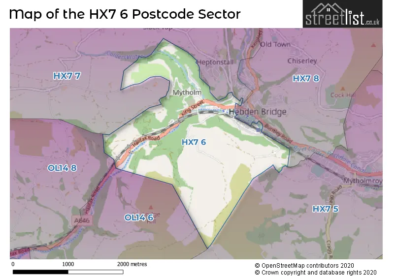 Map of the HX7 6 and surrounding postcode sector