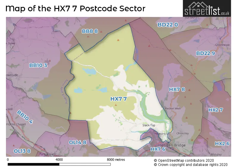Map of the HX7 7 and surrounding postcode sector