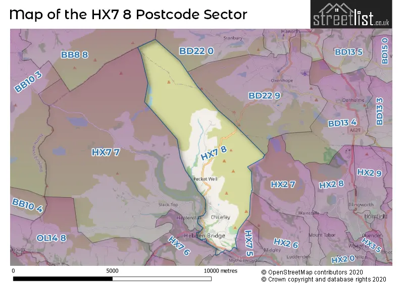 Map of the HX7 8 and surrounding postcode sector