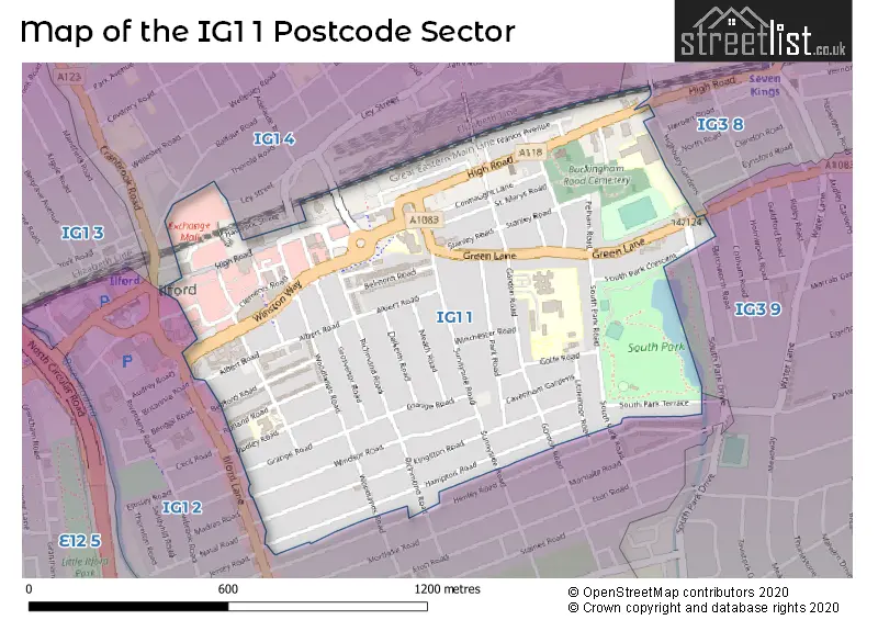 Map of the IG1 1 and surrounding postcode sector