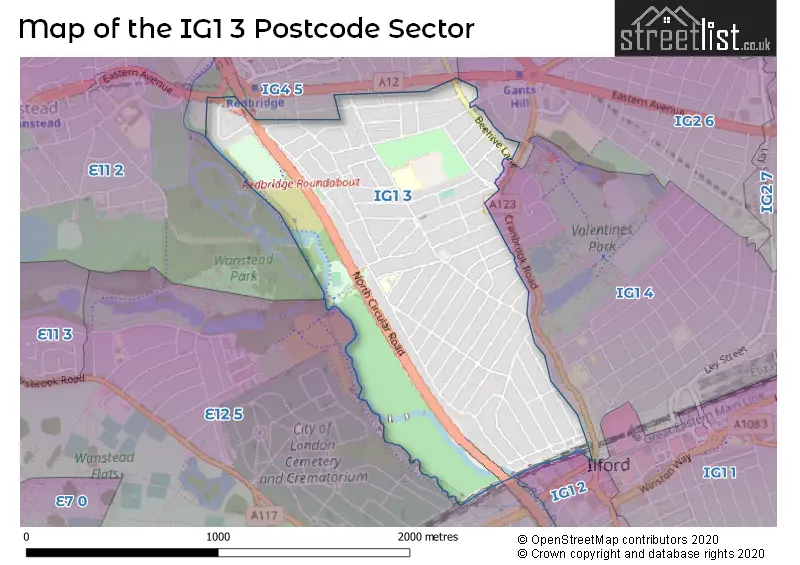 Map of the IG1 3 and surrounding postcode sector