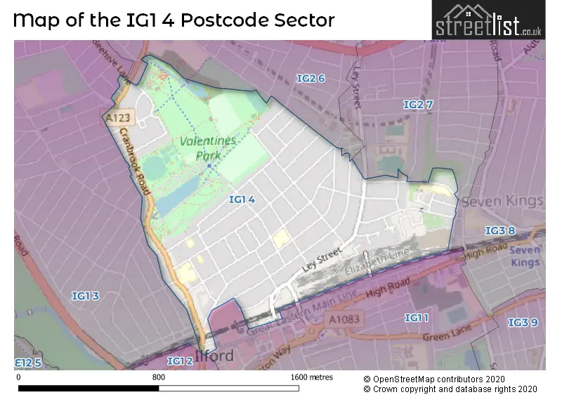 Map of the IG1 4 and surrounding postcode sector