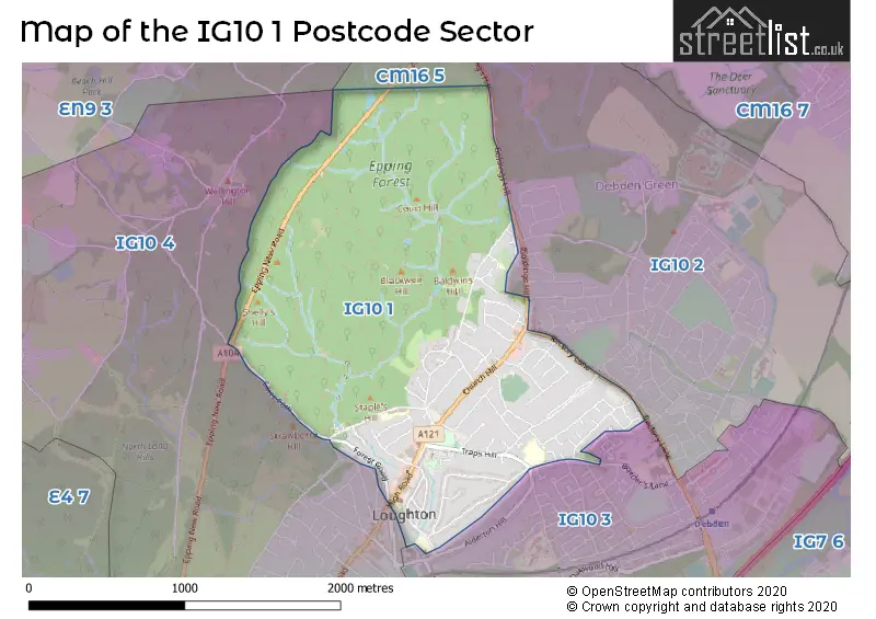 Map of the IG10 1 and surrounding postcode sector