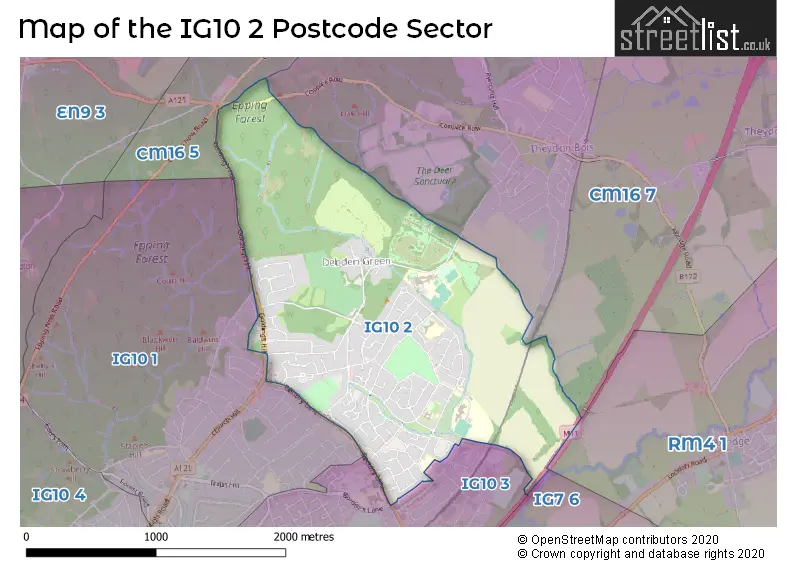 Map of the IG10 2 and surrounding postcode sector