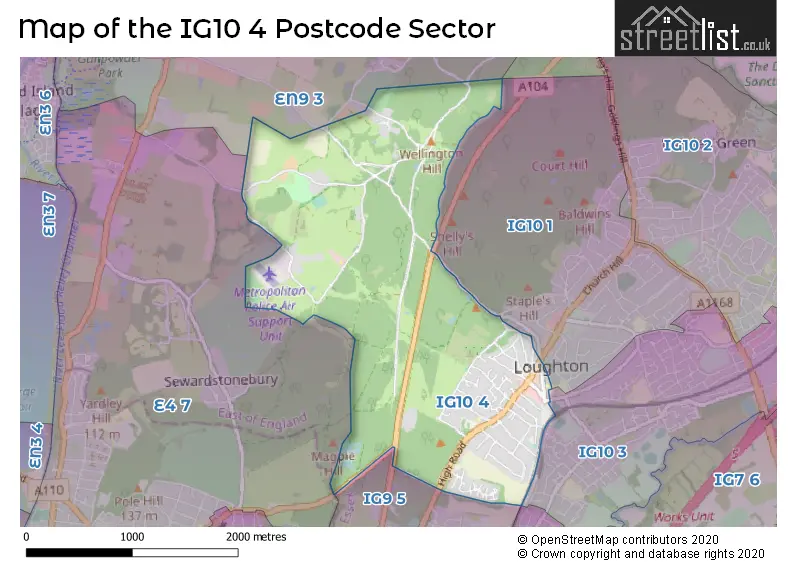 Map of the IG10 4 and surrounding postcode sector