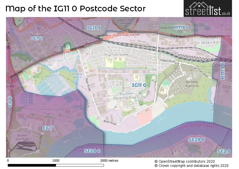 Map of the IG11 0 and surrounding postcode sector