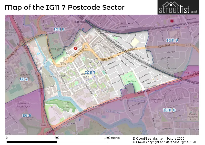 Map of the IG11 7 and surrounding postcode sector