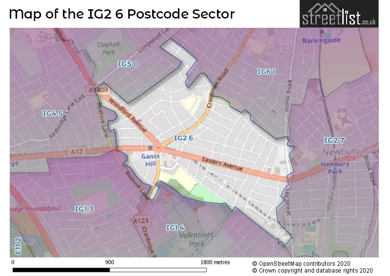Map of the IG2 6 and surrounding postcode sector