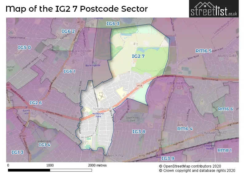 Map of the IG2 7 and surrounding postcode sector