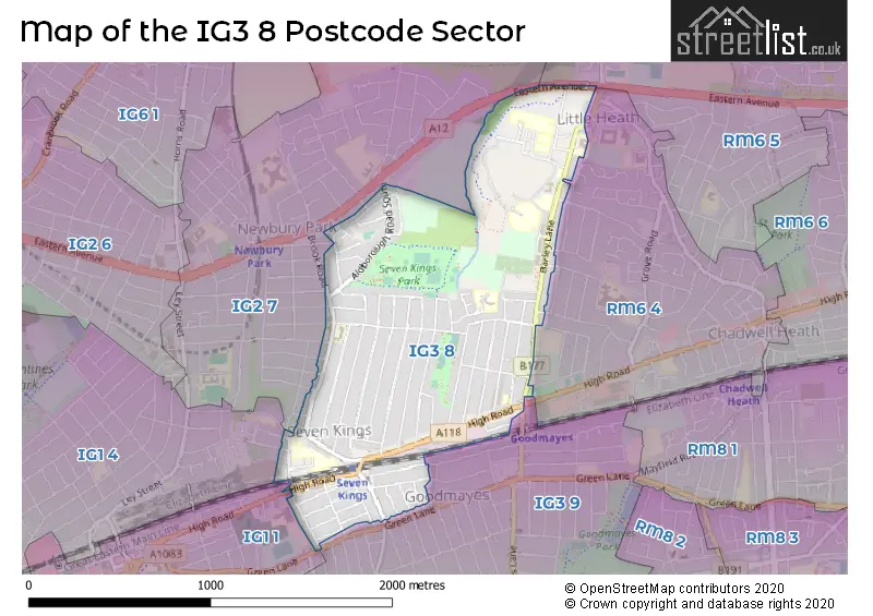 Map of the IG3 8 and surrounding postcode sector