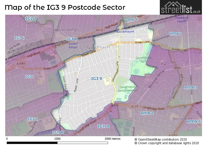 Map of the IG3 9 and surrounding postcode sector
