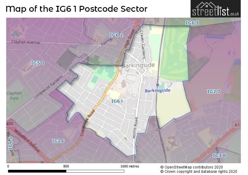 Map of the IG6 1 and surrounding postcode sector