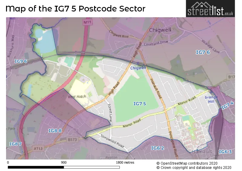 Map of the IG7 5 and surrounding postcode sector