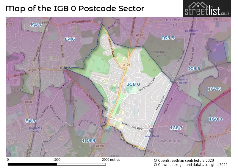 Map of the IG8 0 and surrounding postcode sector