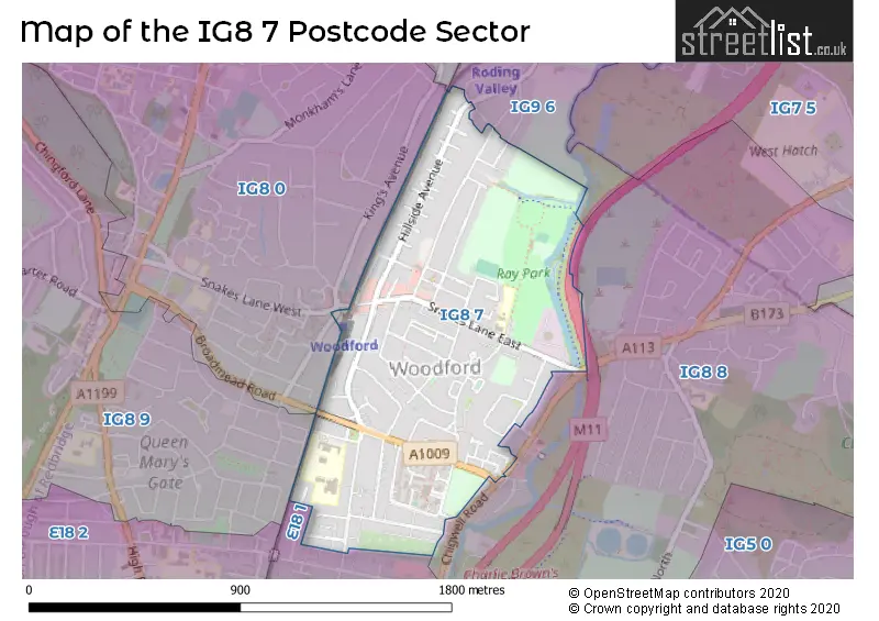 Map of the IG8 7 and surrounding postcode sector