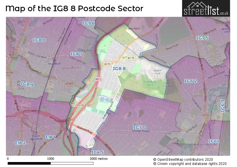 Map of the IG8 8 and surrounding postcode sector