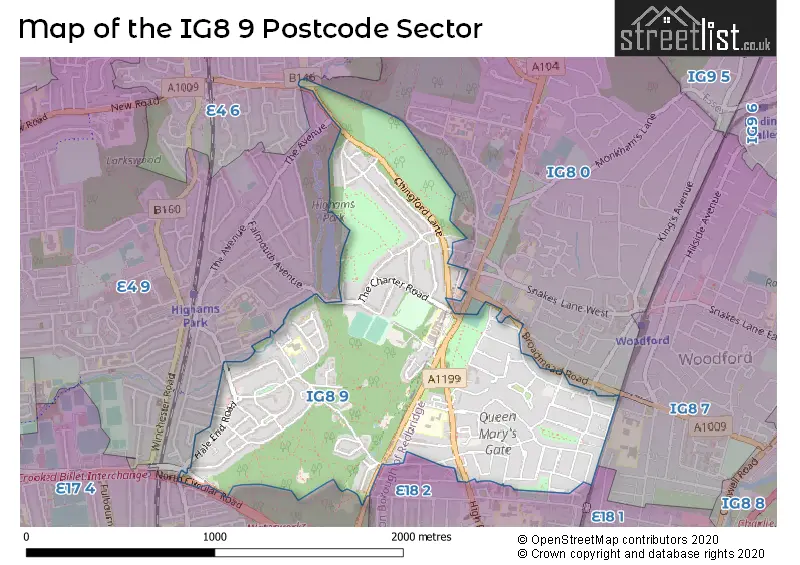 Map of the IG8 9 and surrounding postcode sector