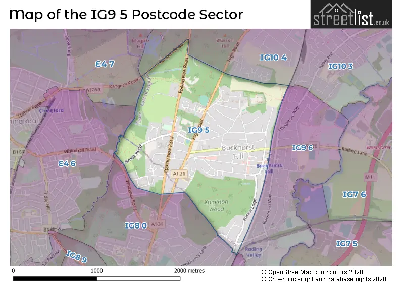 Map of the IG9 5 and surrounding postcode sector