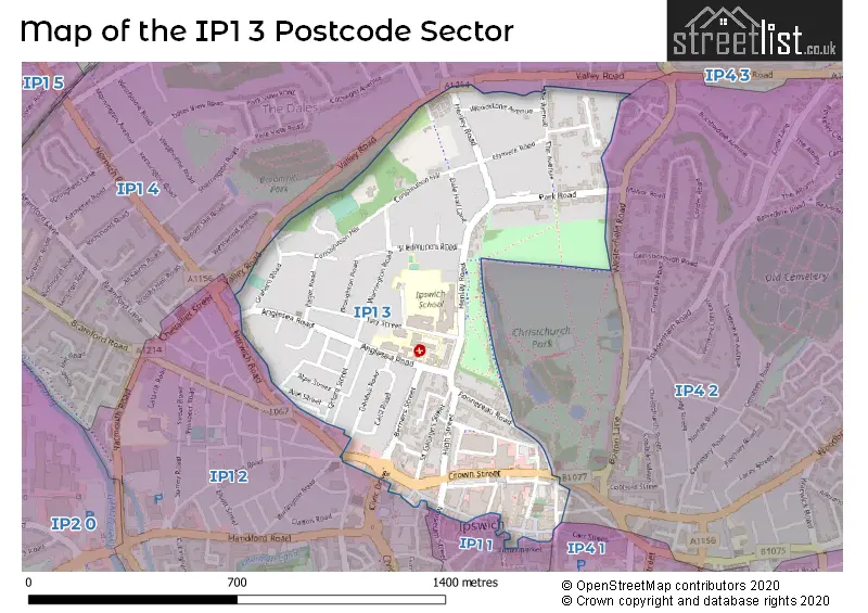 Map of the IP1 3 and surrounding postcode sector