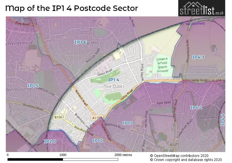 Map of the IP1 4 and surrounding postcode sector