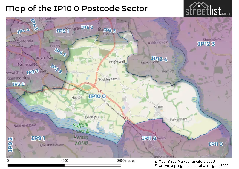 Map of the IP10 0 and surrounding postcode sector