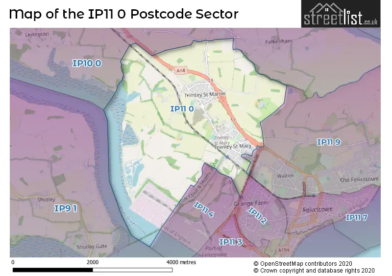 Map of the IP11 0 and surrounding postcode sector