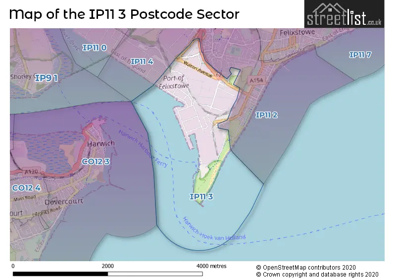 Map of the IP11 3 and surrounding postcode sector