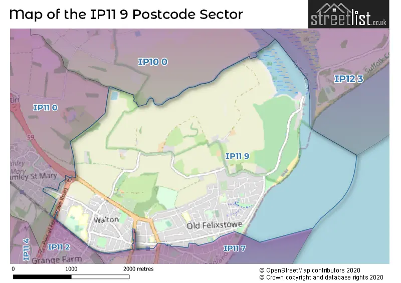 Map of the IP11 9 and surrounding postcode sector