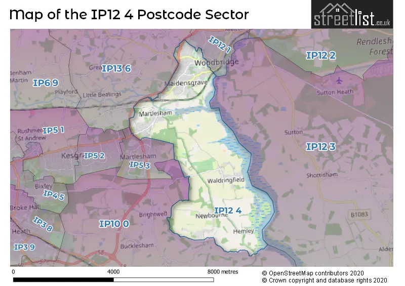 Map of the IP12 4 and surrounding postcode sector