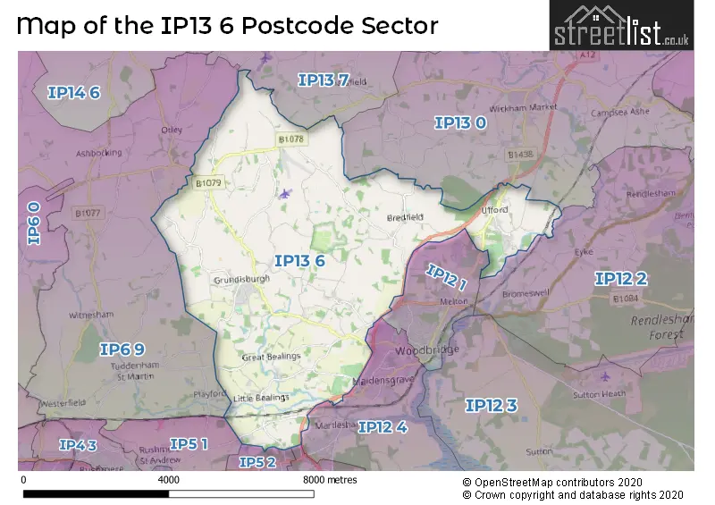 Map of the IP13 6 and surrounding postcode sector