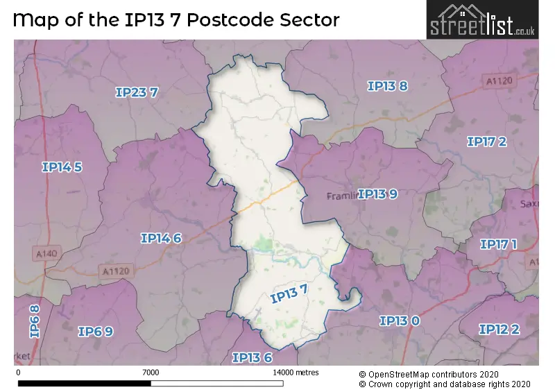 Map of the IP13 7 and surrounding postcode sector