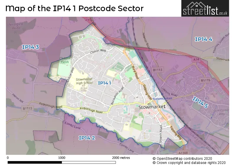 Map of the IP14 1 and surrounding postcode sector