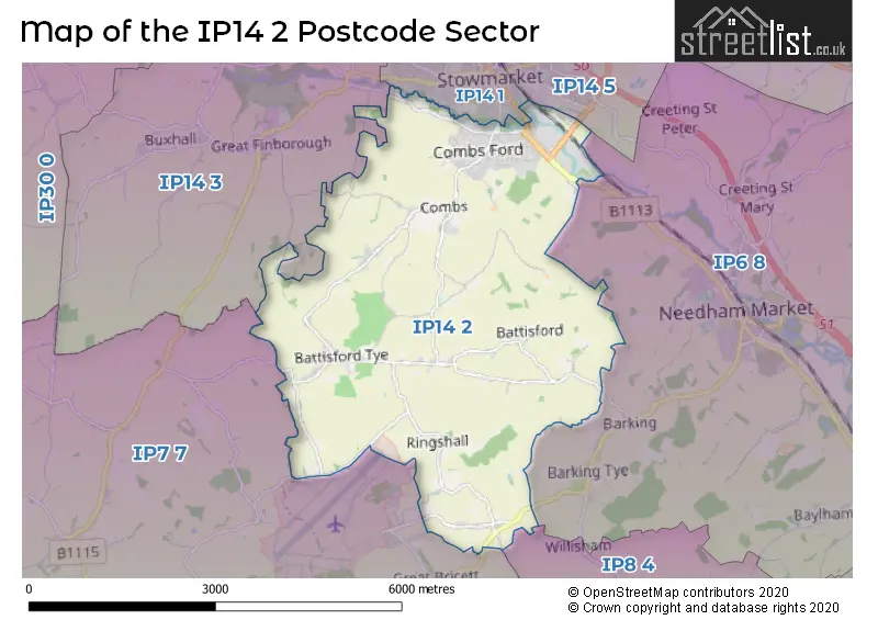 Map of the IP14 2 and surrounding postcode sector