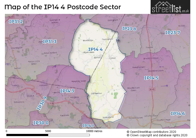 Map of the IP14 4 and surrounding postcode sector