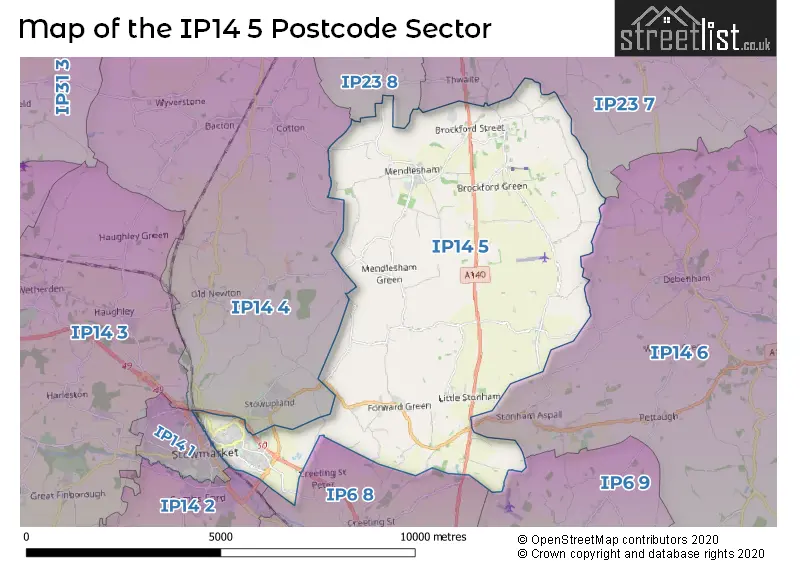 Map of the IP14 5 and surrounding postcode sector