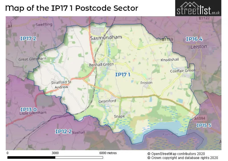 Map of the IP17 1 and surrounding postcode sector