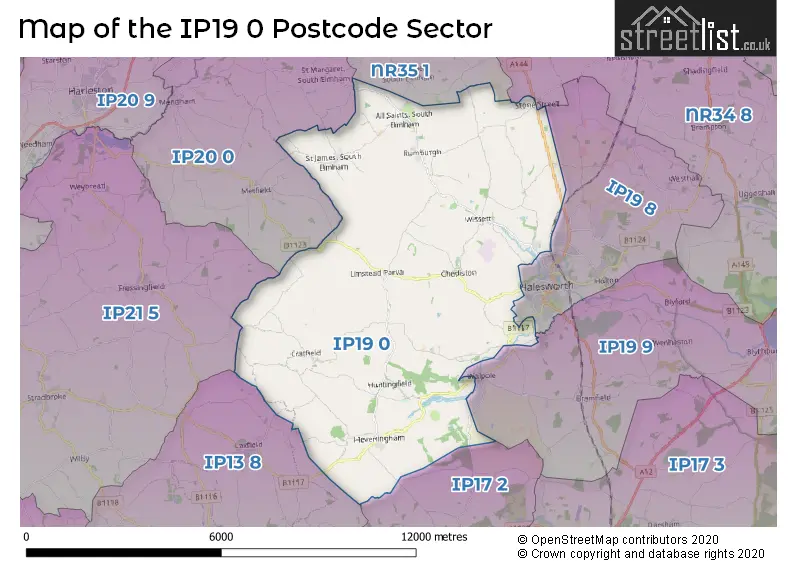 Map of the IP19 0 and surrounding postcode sector