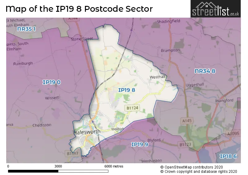 Map of the IP19 8 and surrounding postcode sector