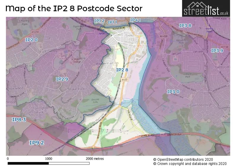 Map of the IP2 8 and surrounding postcode sector
