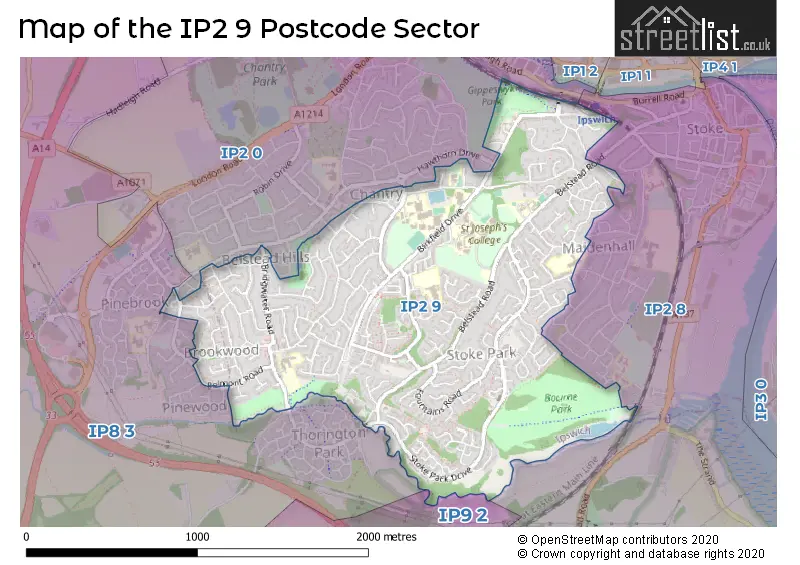 Map of the IP2 9 and surrounding postcode sector