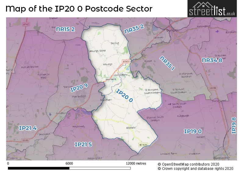 Map of the IP20 0 and surrounding postcode sector