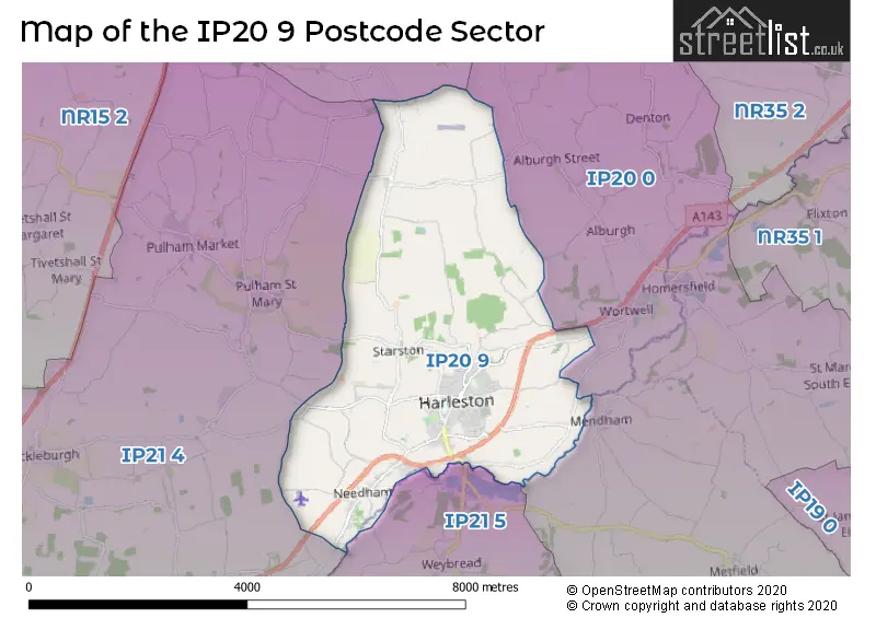 Map of the IP20 9 and surrounding postcode sector