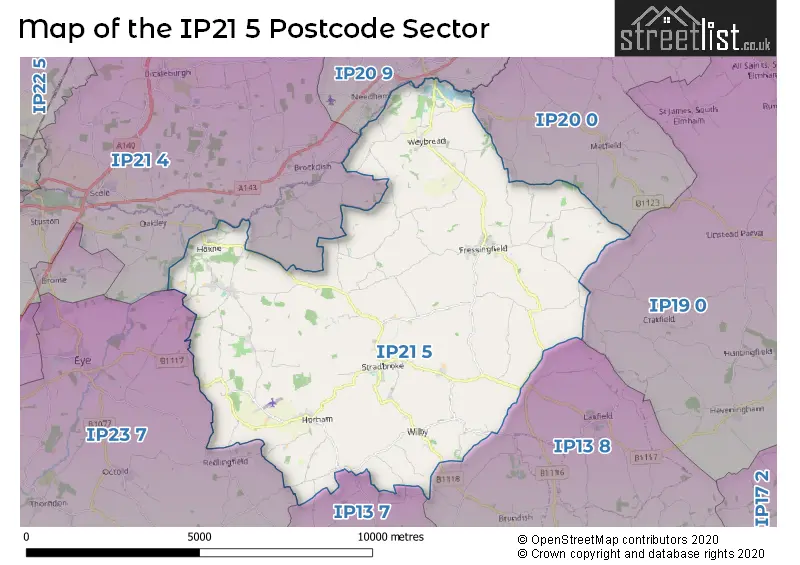 Map of the IP21 5 and surrounding postcode sector