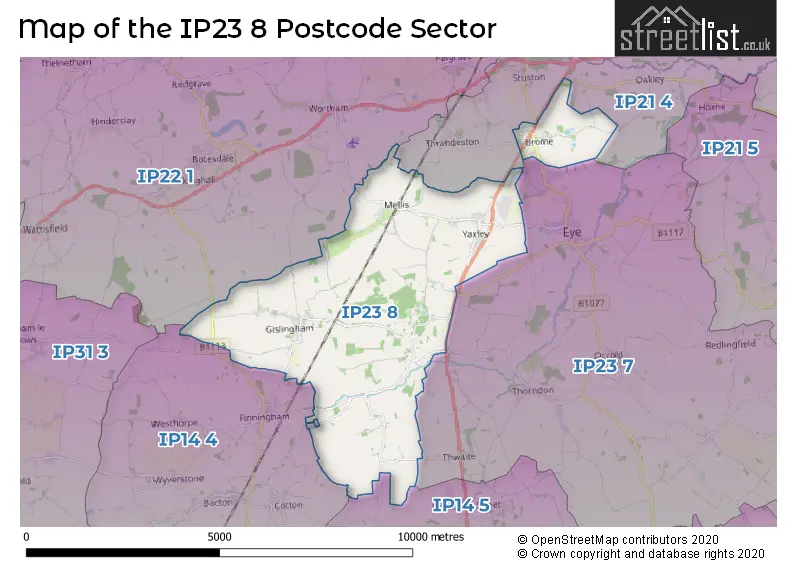 Map of the IP23 8 and surrounding postcode sector