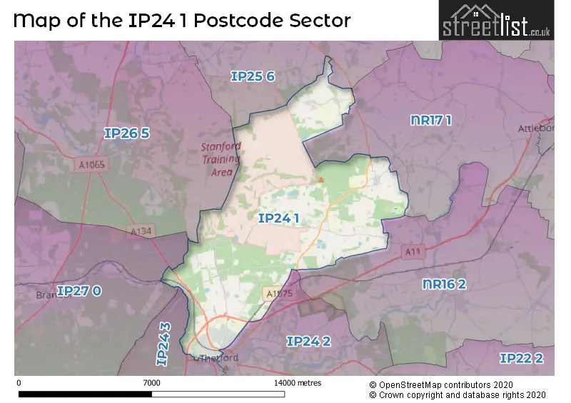 Map of the IP24 1 and surrounding postcode sector